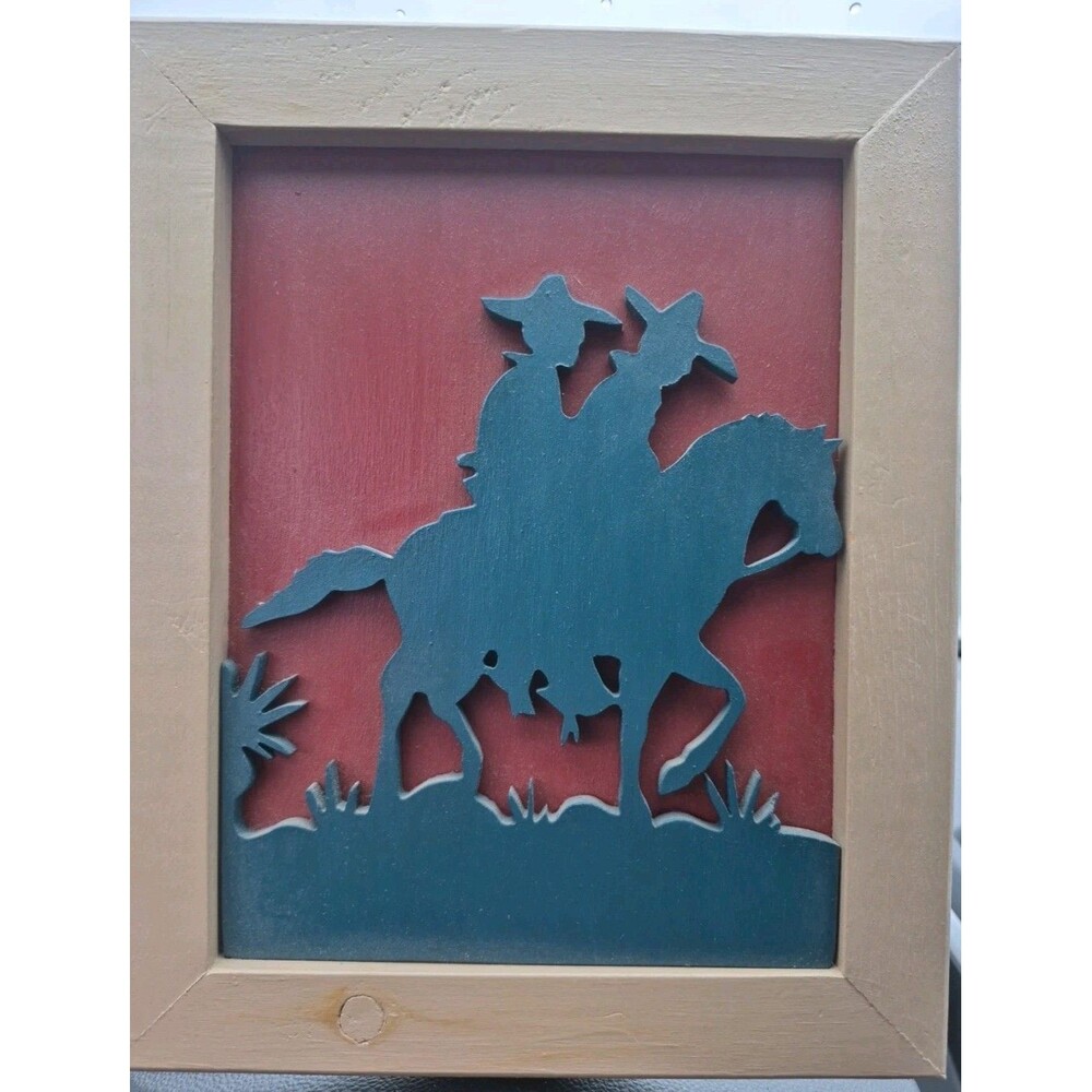 VTG Framed Carved Cowboy Scene Horse Silhouette 7.5"X 9" Cabin Decor Rustic